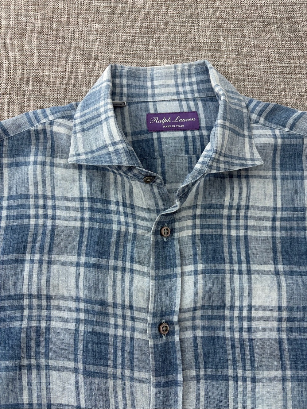 Ralph Lauren Purple Label LINEN Blue and White Plaid Button-Down Shirt